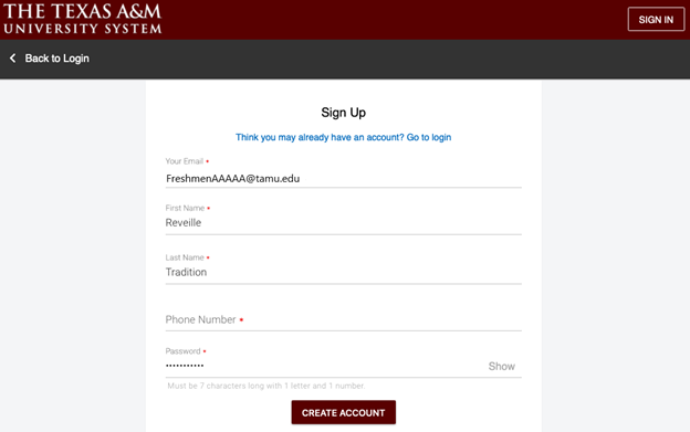 Screenshot of sign up for registration