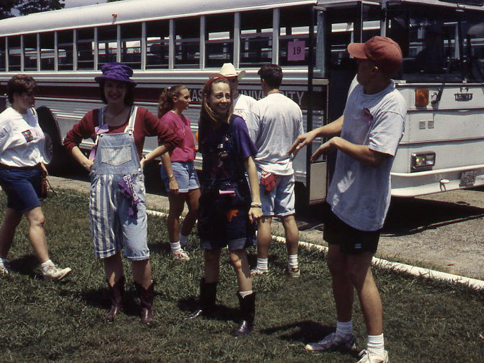 fish camp 1990s Students talking outside the bus at Fish Camp in 1990's