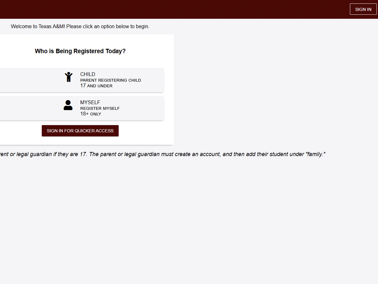 Screenshot of first page of registration